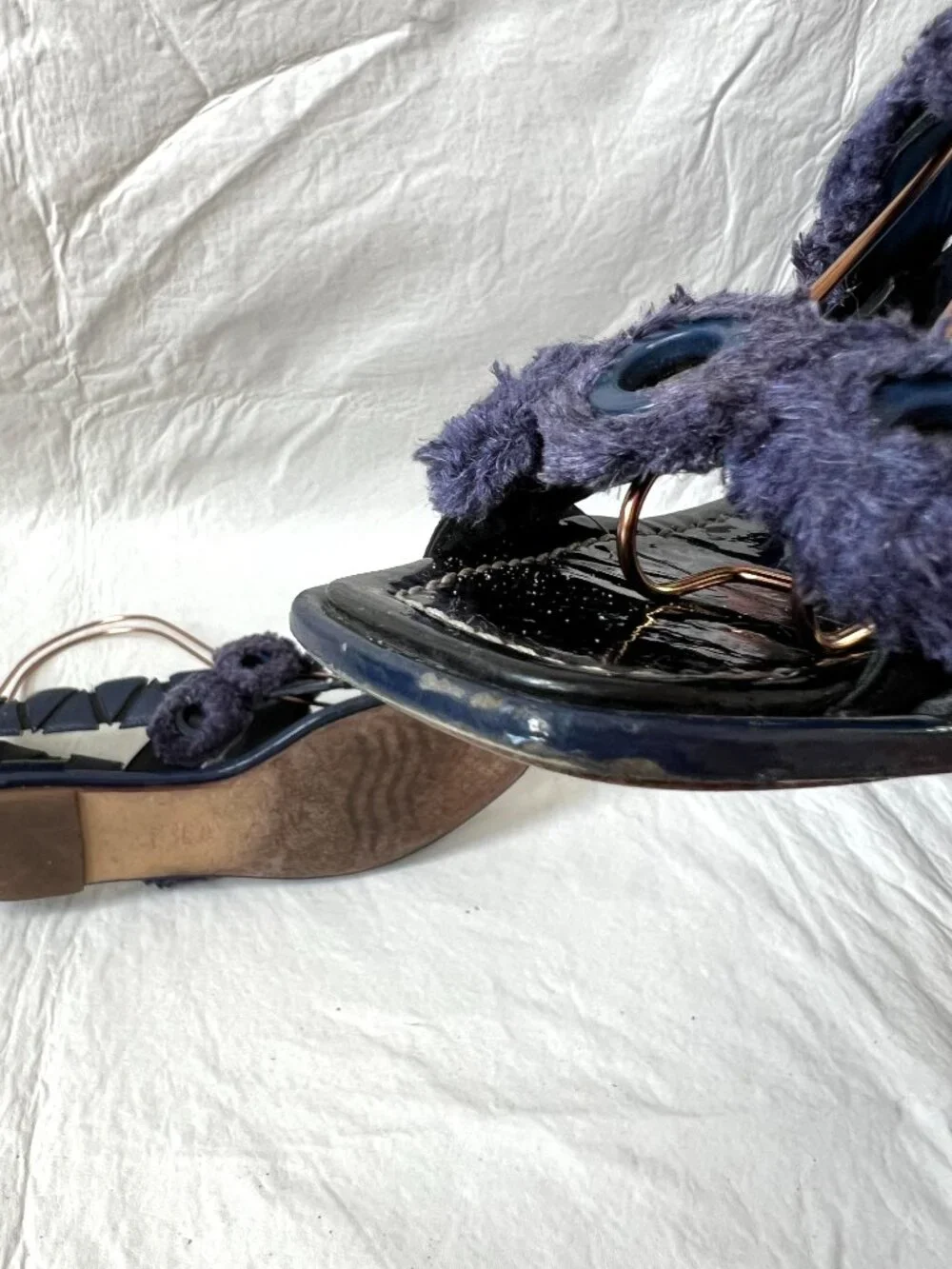 Tory Burch sandals blue patent leather womens 7.5 flat slingback Freya fringe